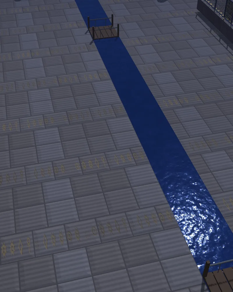 Egyptian night arena: sandstone floor with a blue water canal under moonlight