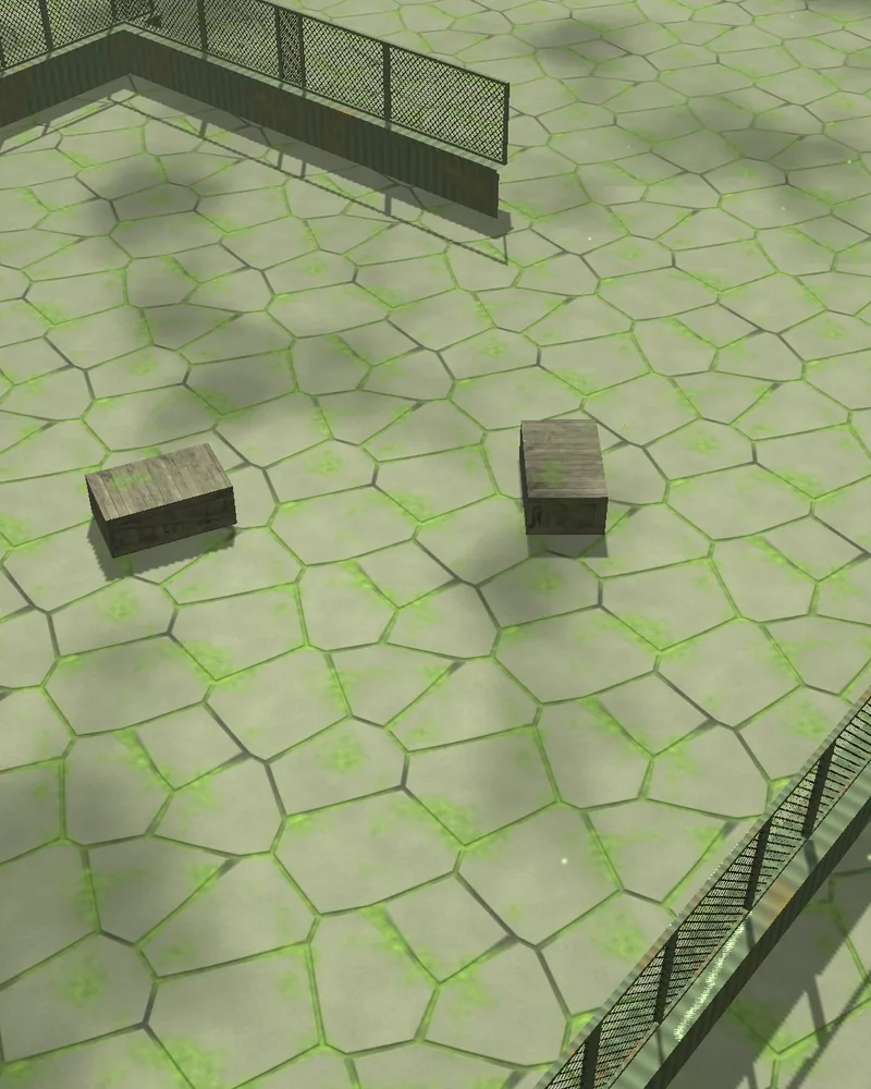 Exclusion zone arena: cracked mossy concrete slabs with rusted fences and green fog