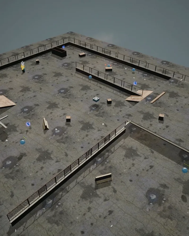 Aerial view of the industrial arena with asphalt, concrete fences and crates