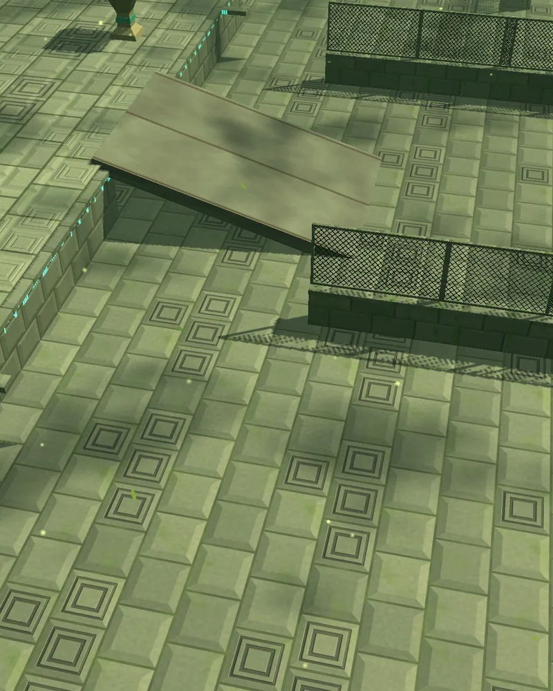 Jungle temple arena: carved green stone blocks with a wooden ramp and jungle plants