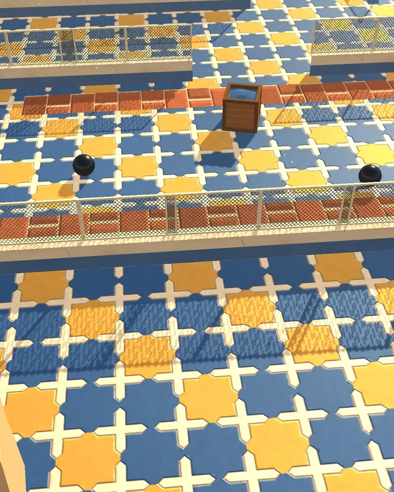 Medina arena: blue, orange and white mosaic tiles with whitewashed walls