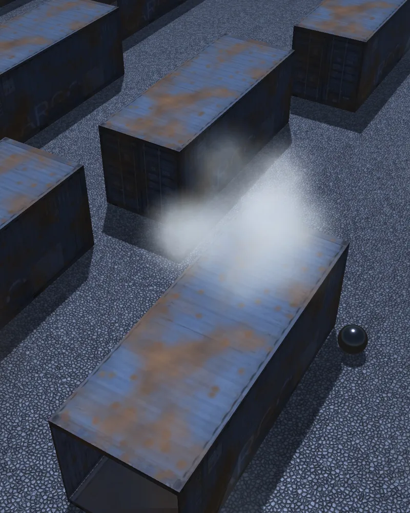 Railyard arena: rusted shipping containers on wet gravel at night with steam