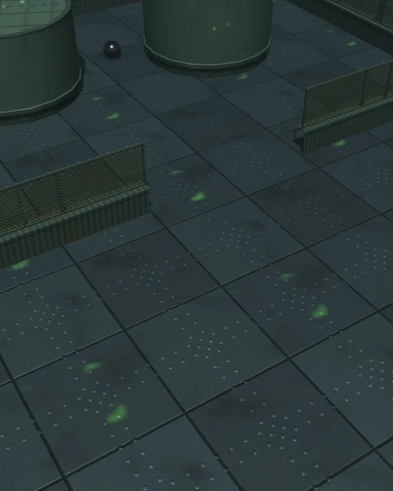 Reactor arena: steel plate floor with glowing green radioactive puddles and storage tanks