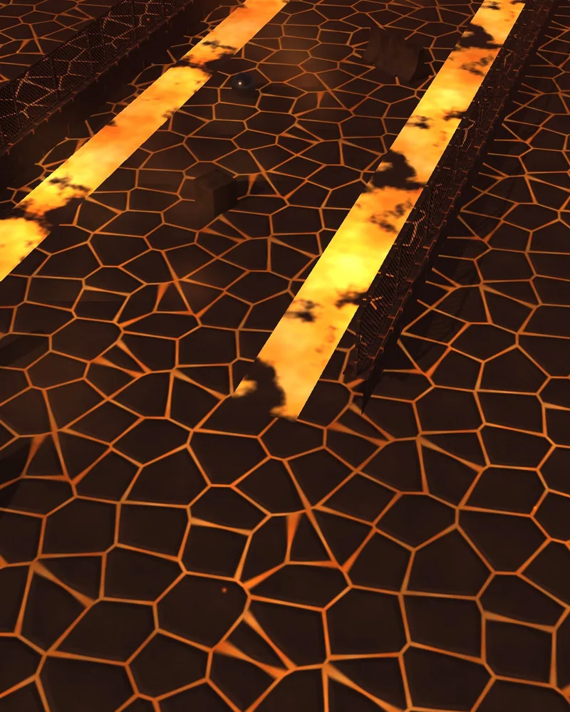 Volcano arena: dark basalt floor tiles with glowing orange lava cracks