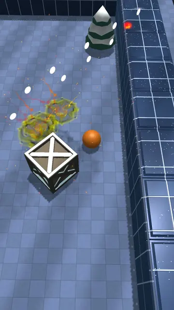 Orange ball next to a crate as a grenade explodes in the night office arena