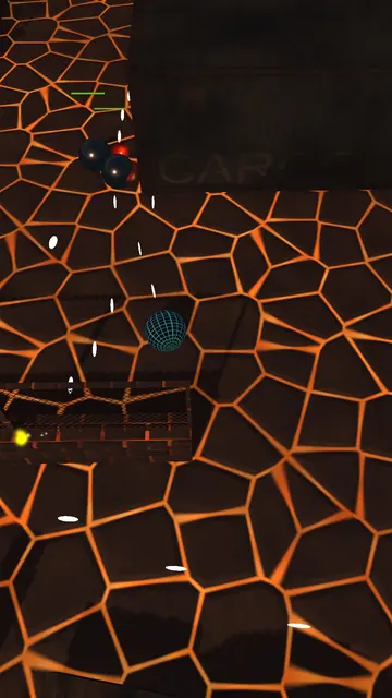 Neon ball on glowing lava tiles in the volcano arena fighting a dark ball