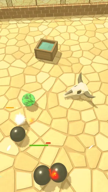 Two balls fighting on sandstone flagstones with health bars above them
