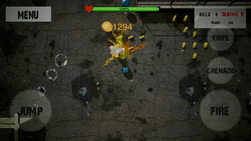 Balls Tournament gameplay: orange explosion in the middle of the arena with coins on the ground