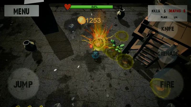 Balls Tournament gameplay: explosion behind a stack of wooden crates with health bar and frag counter visible