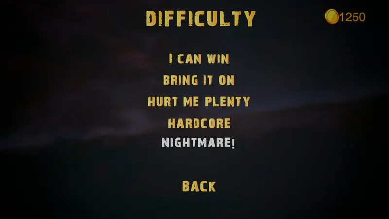 Balls Tournament difficulty menu listing I Can Win, Bring It On, Hurt Me Plenty, Hardcore and Nightmare