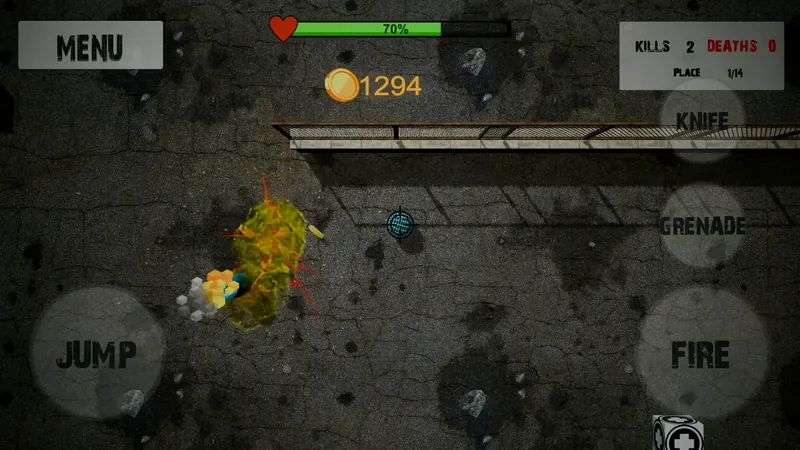 Balls Tournament gameplay: a grenade explodes in the industrial arena as the player rolls past crates