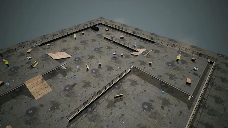 Aerial view of the industrial arena with asphalt lanes, concrete fences and crates