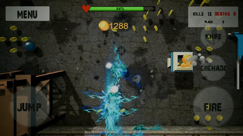 Balls Tournament gameplay: blue lightning weapon impact with coins scattered on the ground