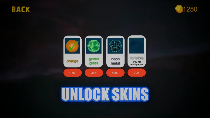 Balls Tournament skins shop with the orange, green glass, neon metal and invisible ball skins