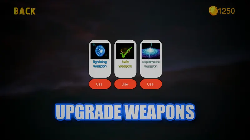 Balls Tournament weapons shop showing the lightning, halo and supernova weapons